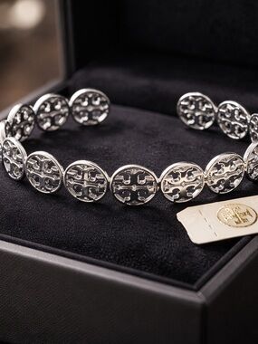 Tory Burch Polished Silver Double-T Disc Bracelet